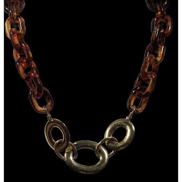 90s Style Tortoise And Gold Tone Chunky Link Necklace - Picture 2 of 6